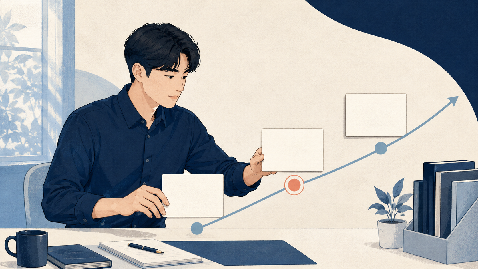 입사 후 포부를 단계별 실행 계획으로 정리하는 일러스트