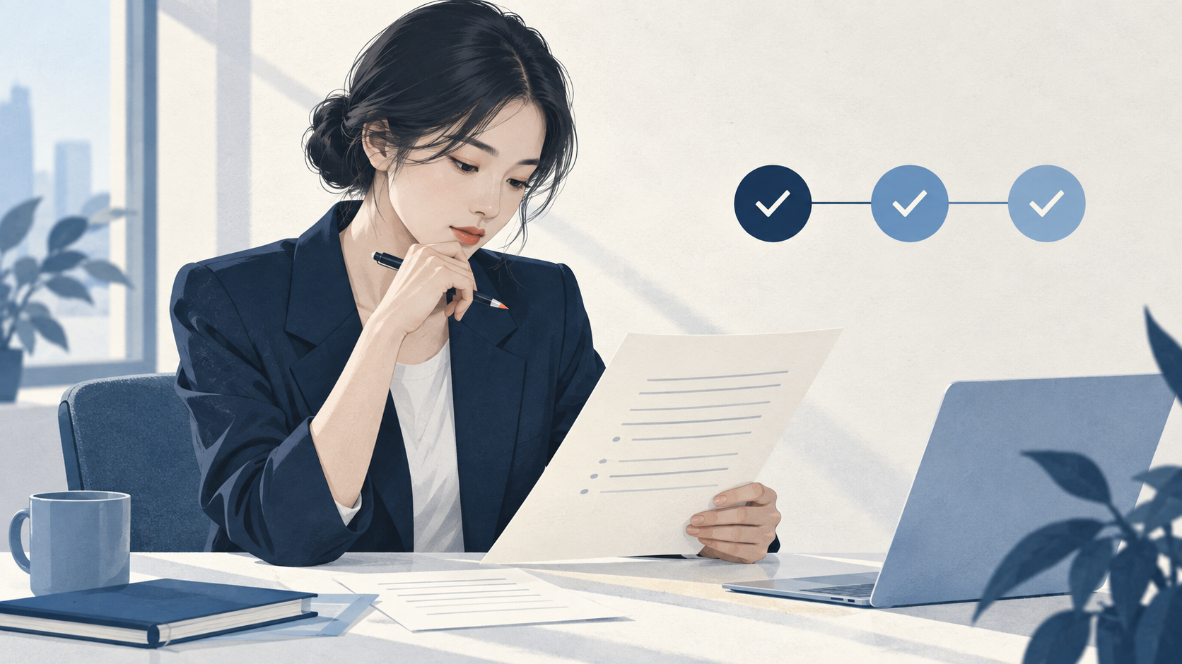 초안을 세 단계로 점검하는 장면