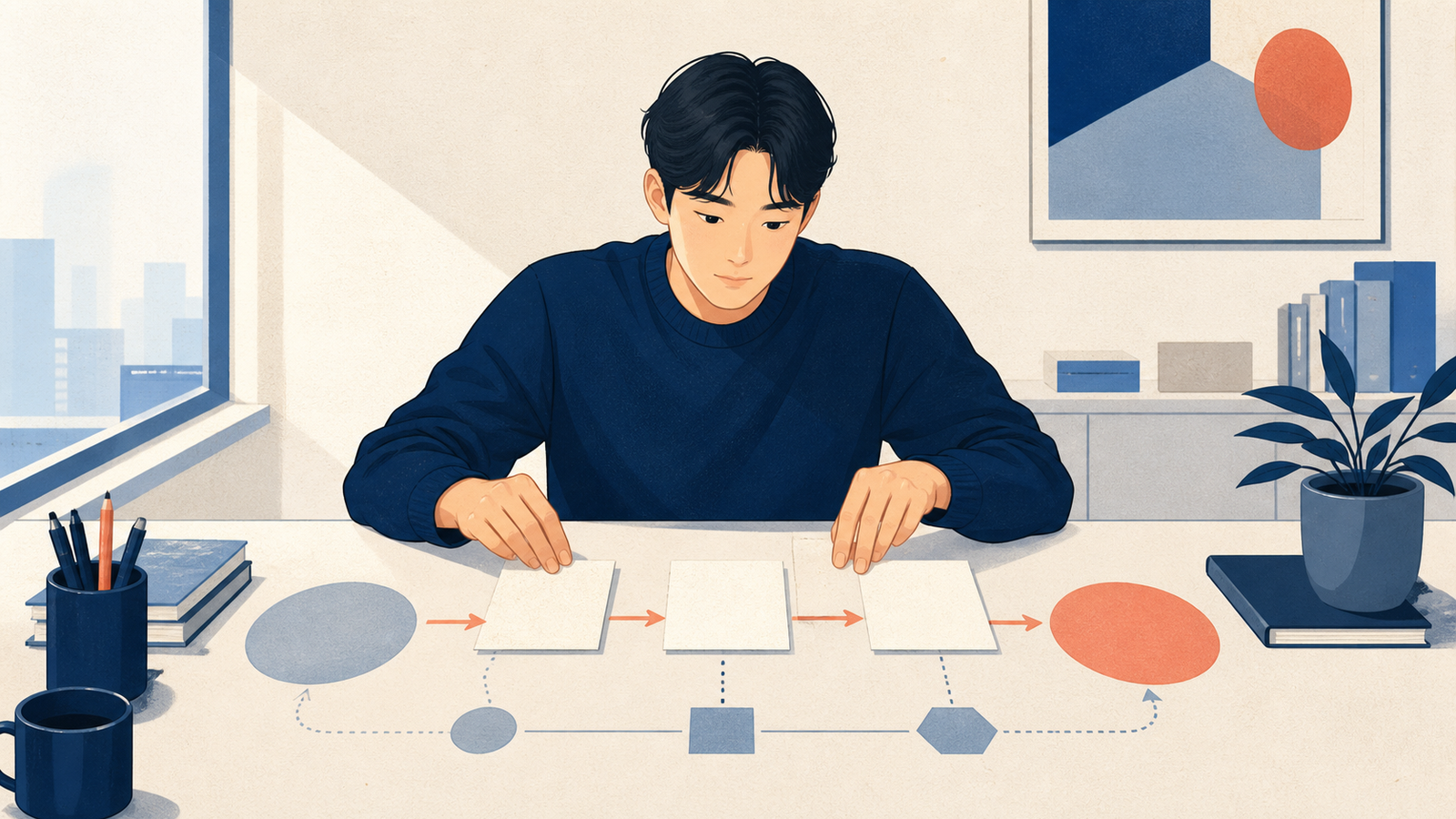 빈 계획 카드를 경로로 배열하는 직장인 일러스트