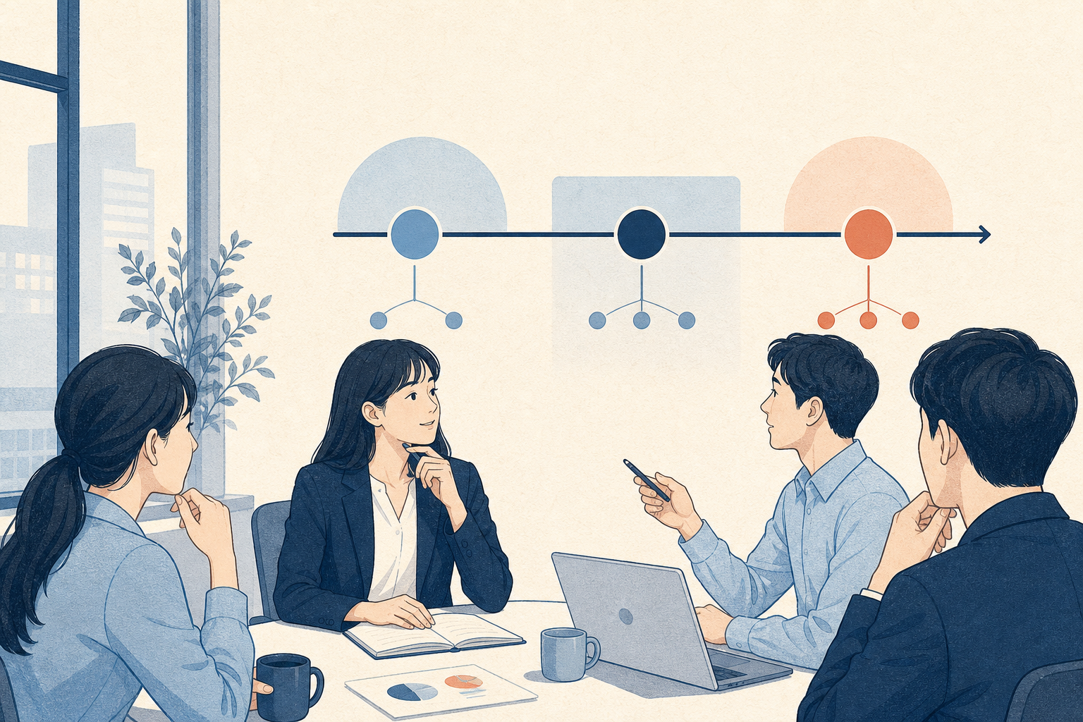 초기 학습과 실행, 팀 기여를 연결하는 회의 장면 일러스트