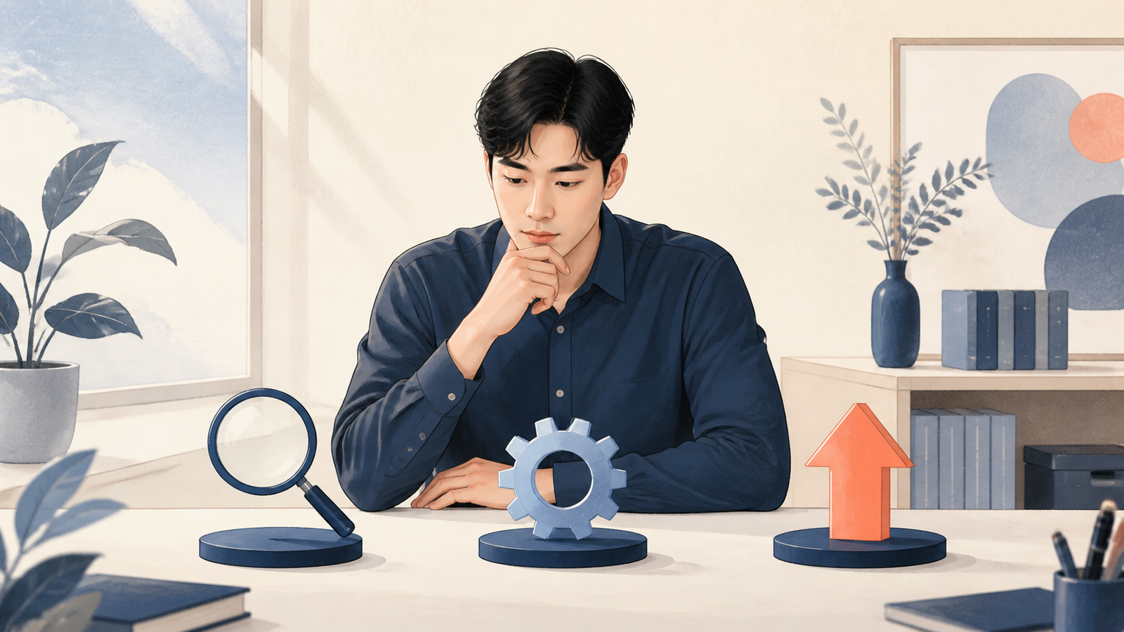 돋보기와 톱니, 화살표를 비교하는 직장인 일러스트